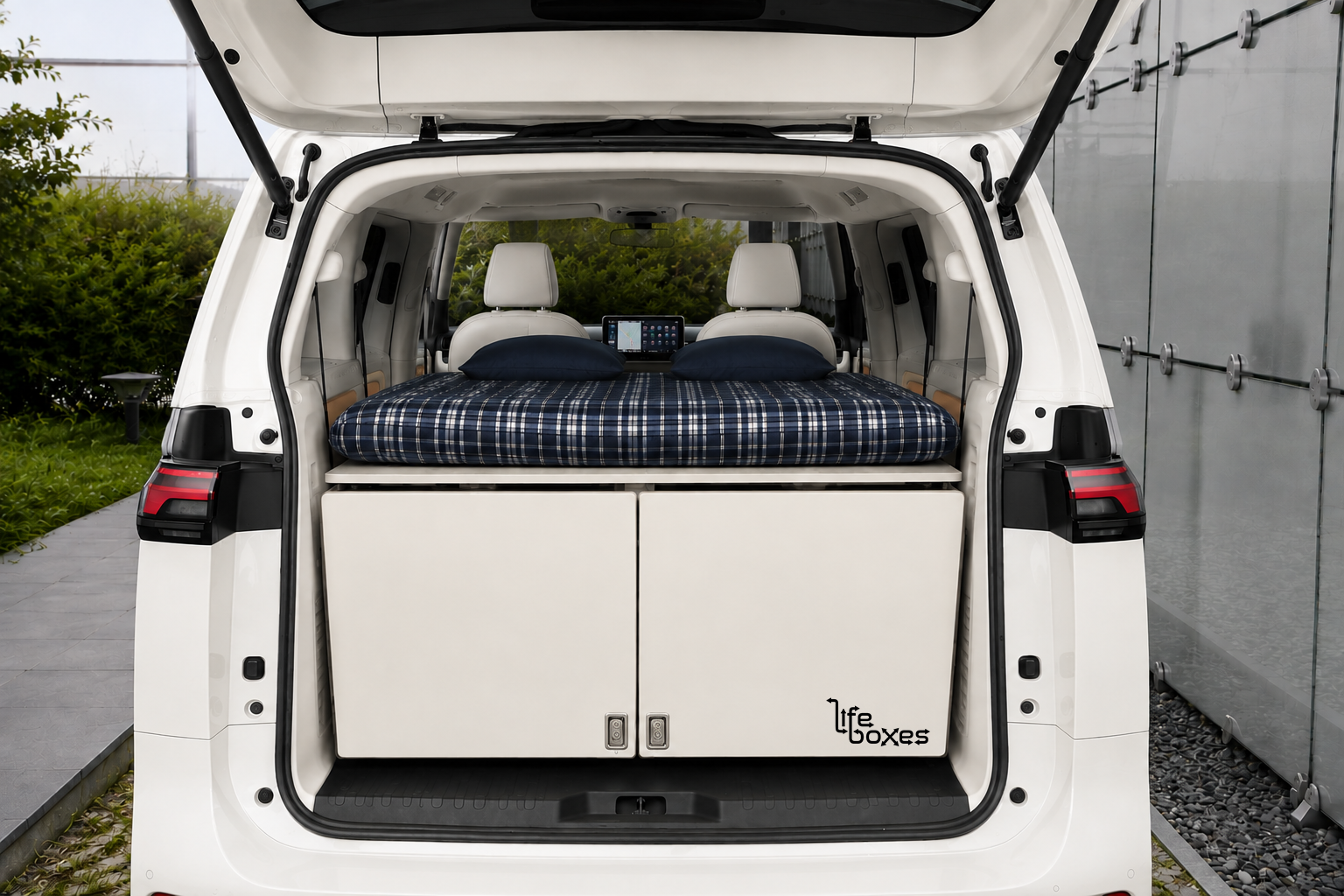 AI-generated visualization of a Candy White LifeBox installed in a Volkswagen ID. Buzz
