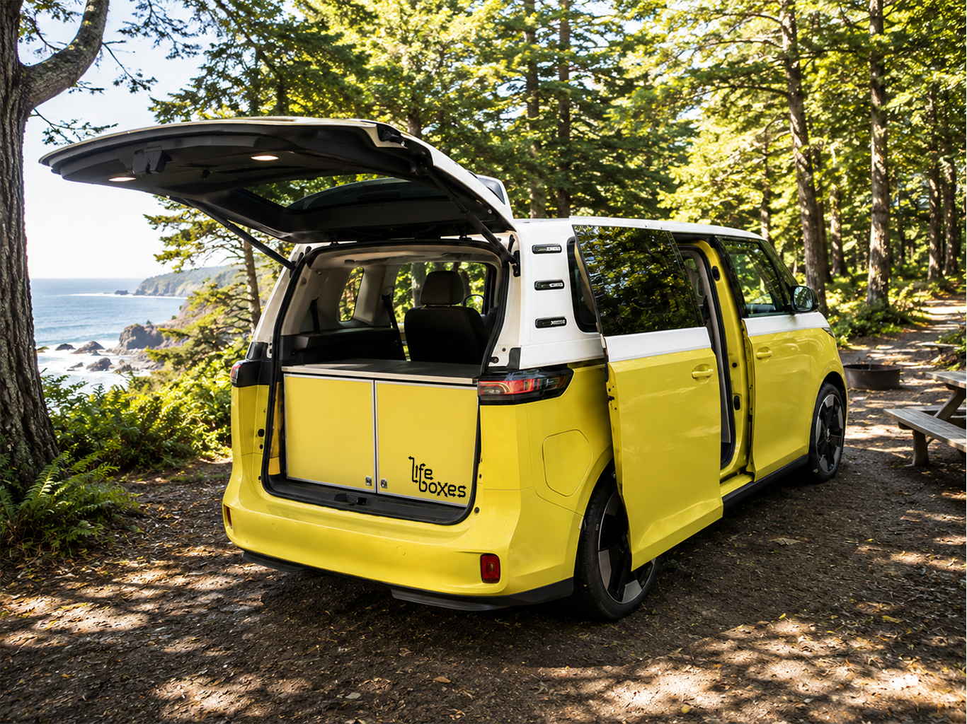 Yellow LifeBox near a coastline