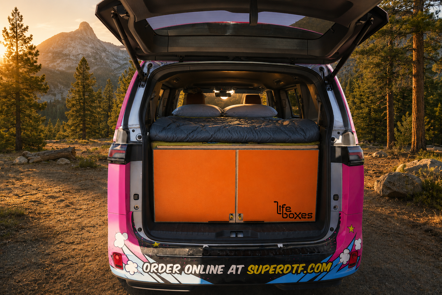 Orange LifeBox at a mountain campsite